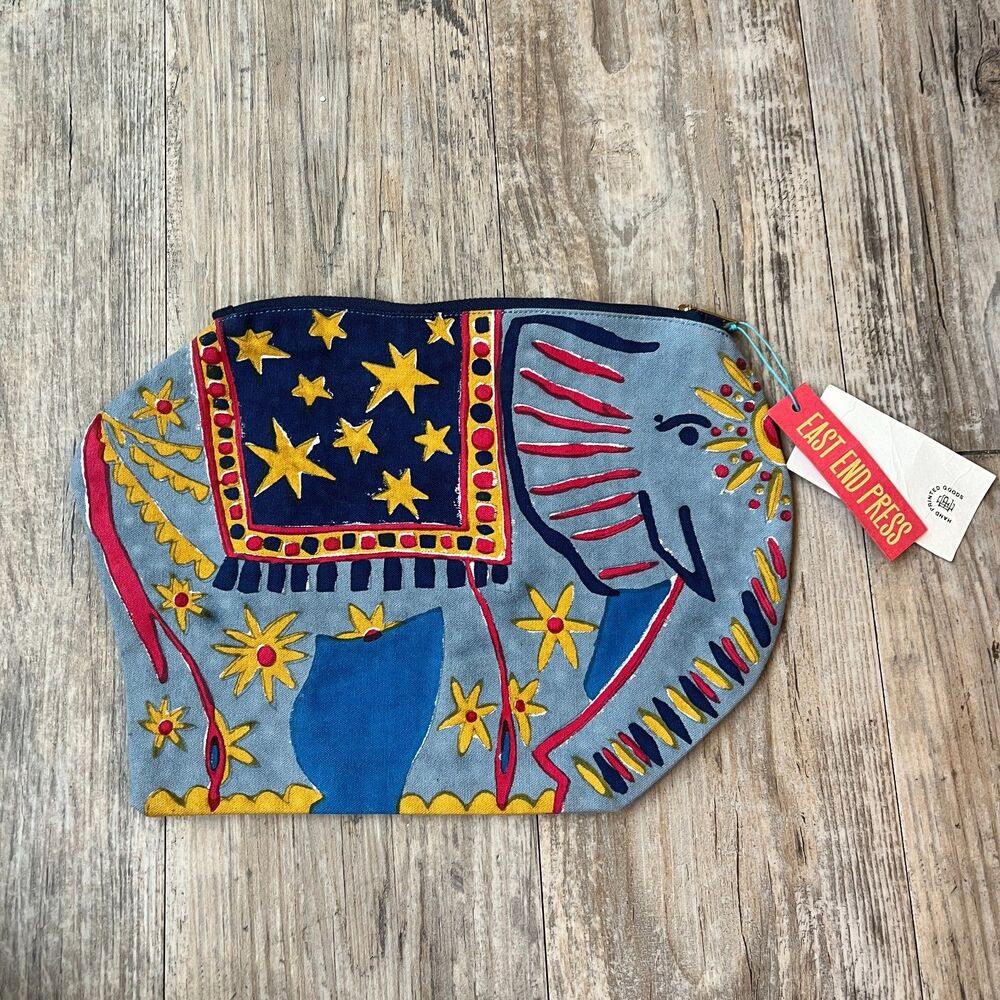 East End Press Elephant Fabric Case Hand Printed Sewn Artistic Pouch Bright